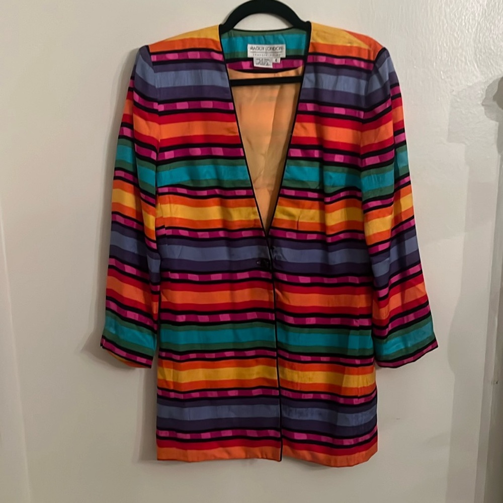 Maggy London Vintage Lightweight Silk Striped Bright Colorful Long Blazer